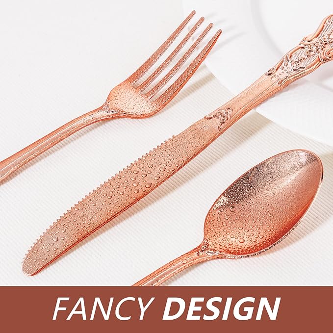 90 Pieces Rose Gold Plastic Silverware - Heavy Duty Disposable Utensils - Fancy Gold Plastic Cutlery Set Includes 30 Forks, 30 Spoons, 30 Knives for Dinner Parties Weddings