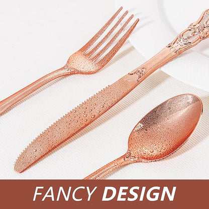 90 Pieces Rose Gold Plastic Silverware - Heavy Duty Disposable Utensils - Fancy Gold Plastic Cutlery Set Includes 30 Forks, 30 Spoons, 30 Knives for Dinner Parties Weddings