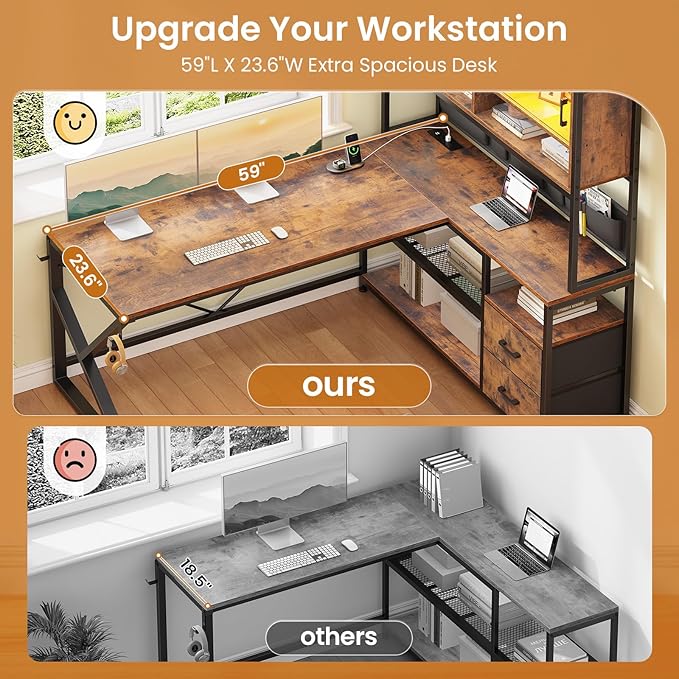 SEDETA L Shaped Computer Desk, Home Office Desk with 2 Drawer and Bookshelf, L Shaped Gaming Desk with LED Light, Glass Cabinet and Storage Bag, Corner Desk with Storage Shelves, Rustic Brown
