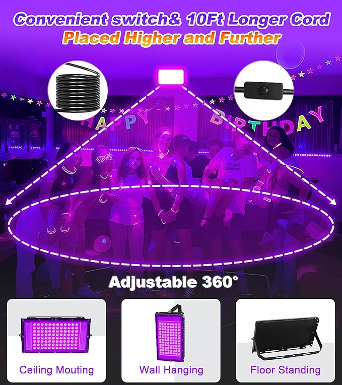 100W LED Black Light IP66 Waterproof, Outdoor Blacklight Flood Light with Plug+Switch+Cord, for Halloween Neon Glow in The Dark Party Body Paint Fluorescent Poster Classroom Club Dance Party, 2 Pack