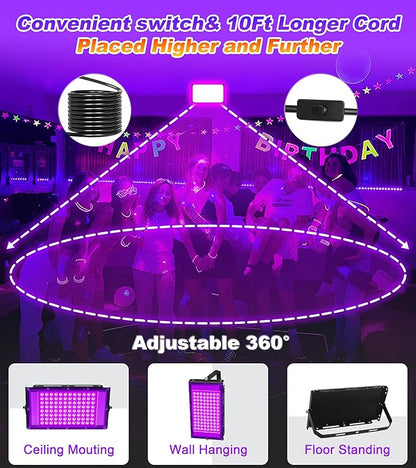 100W LED Black Light IP66 Waterproof, Outdoor Blacklight Flood Light with Plug+Switch+Cord, for Halloween Neon Glow in The Dark Party Body Paint Fluorescent Poster Classroom Club Dance Party, 2 Pack