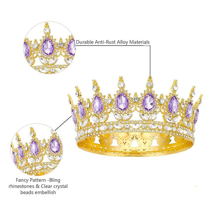 Queen Rhinestone Wedding Crown and Tiara for Women - Costume Party Hair Accessories, Princess Birthday Crystal Bridal Crown (Golden Purple)