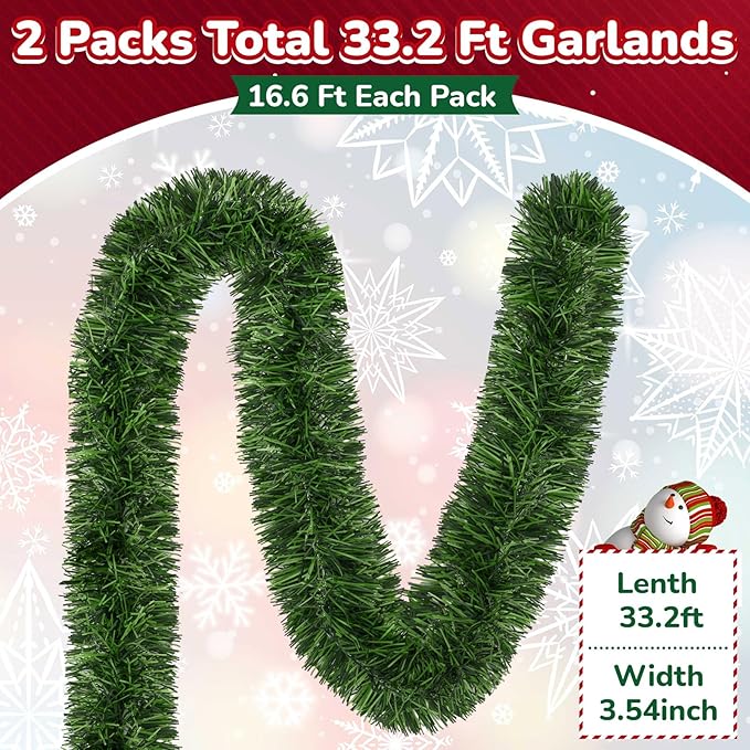 33 ft Green Christmas Garland Decorations Artificial Greenery 3.5" Wide Pine Garland PVC Soft Christmas Decorations for Indoor Outdoor Tree Stair Banister Fireplaces, 2 Pcs, 16.6 ft Each