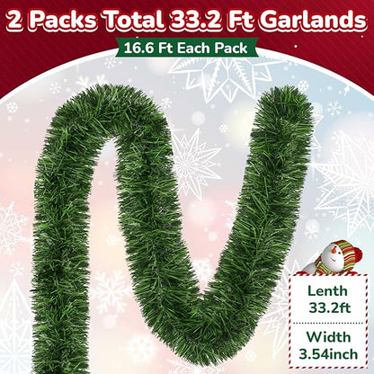 33 ft Green Christmas Garland Decorations Artificial Greenery 3.5" Wide Pine Garland PVC Soft Christmas Decorations for Indoor Outdoor Tree Stair Banister Fireplaces, 2 Pcs, 16.6 ft Each