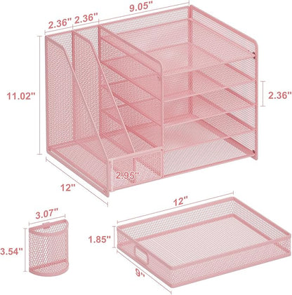 Marbrasse Desk Organizer with File Holder, 5-Tier Paper Letter Tray Organizer with Drawer and 2 Pen Holder, Mesh Desktop Organizer and Storage with Magazine Holder for Office Supplies(Pink)