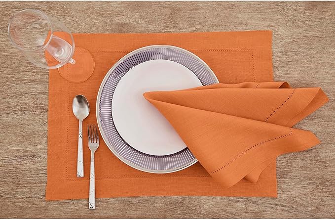 Solino Home Linen Napkins Set of 4 - Classic Hemstitch 100% Pure Linen Pumpkin Dinner Napkins Cloth 20 x 20 Inch for Fall, Autumn, Holiday - Handcrafted and Machine Washable