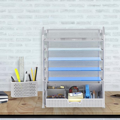 Simple Houseware 6-Tier Desk Document File Tray Organizer with Supplies Sliding Drawer, Silver