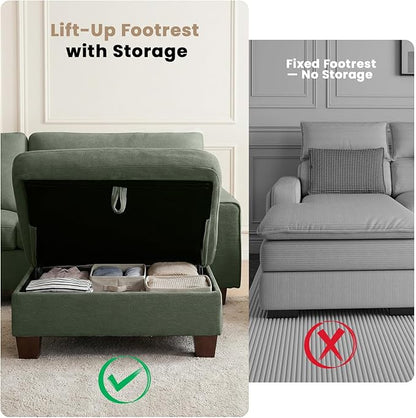 DOPEDIO L-Shaped Sectional Sofa with Storage Ottoman, Modern Chenille Recliner Loveseat, Removable Couch Covers, Pocket Spring Cushions, Solid Wood Frame, Easy to Install (71.25inch, Green)