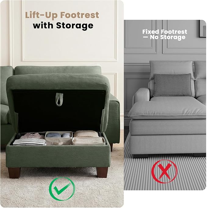 DOPEDIO L-Shaped Sectional Sofa with Storage Ottoman, Modern Chenille Recliner Loveseat, Removable Couch Covers, Pocket Spring Cushions, Solid Wood Frame, Easy to Install (88.58inch, Green)