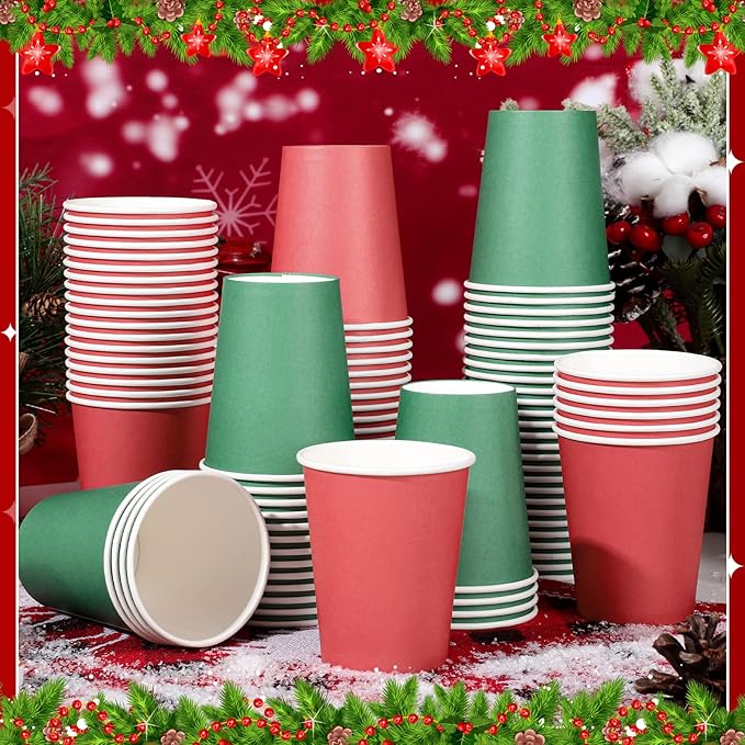 100 Pack Red Green Paper Cups, 9oz Christmas Party Cups Bulk Paper Cups, Disposable Drinking Cups for Birthday Holiday Christmas Party Supplies, 2 Colors