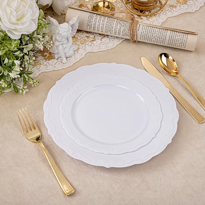 U-QE 100 Pieces White Plastic Plates - White Disposable Plates - Premium Hard Plastic Disposable Plates for Christmas and Party Use Including 50 Dinner Plates 10 '' & 50 Dessert Plates 7.5 ''