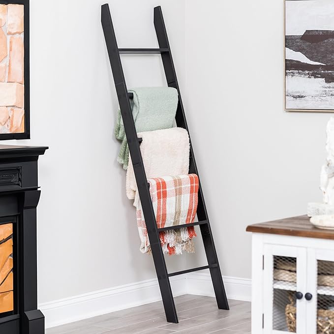 Blanket Ladder for The Living Room and Bedroom, 5ft 8 inch, 6-Tier Wall Leaning Laminate Snag Free Material (Black) Rustic Decorative Farmhouse Blanket Holder Rack, Quilt Rack Shelf, Easy Assembly