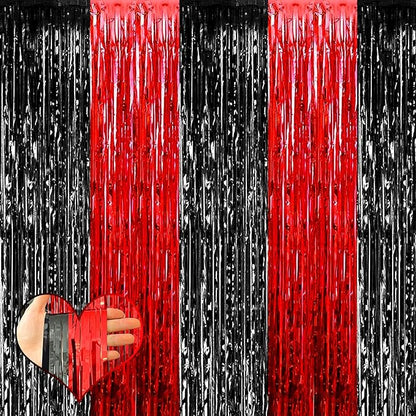 4 Pack 3.2Ft x 8.2Ft Black Red Fringe Curtain Backdrop, Metallic Tinsel Foil Fringe Streamers Curtains Background for Photo Booth Wedding Casino Viva Las Vegas Game Night Birthday Party Decorations
