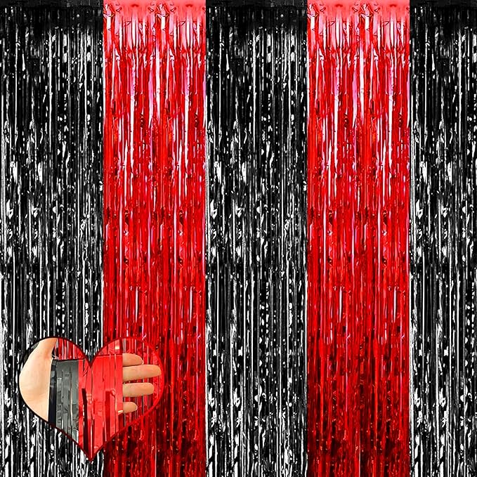4 Pack 3.2Ft x 8.2Ft Black Red Fringe Curtain Backdrop, Metallic Tinsel Foil Fringe Streamers Curtains Background for Photo Booth Wedding Casino Viva Las Vegas Game Night Birthday Party Decoration