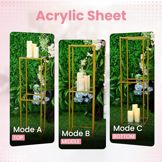 YALLOVE 2 Pcs 31.5 Inch Metal Flower Stand, Gold Centerpieces Vases Stand With Clear Acrylic Sheets, Geometric Display Rack for Wedding Party Decorations