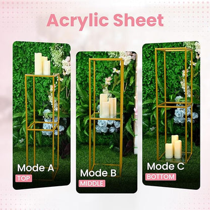 YALLOVE 2 Pcs 31.5 Inch Metal Flower Stand, Gold Centerpieces Vases Stand With Clear Acrylic Sheets, Geometric Display Rack for Wedding Party Decorations