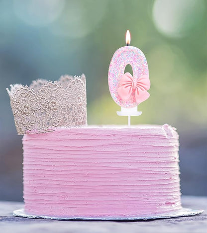 0 Birthday Candles Pink 3D Number 0 Candle Cake Topper with Pink Sequins and Bowtie for Girls Pastel Sweet Theme Birthday Party or Adults Milestone Age Decoration