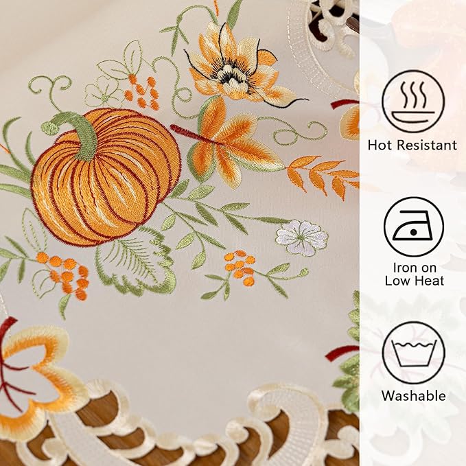 Joyfol Day Autumn Thanksgiving Table Runner 14 x 69 Inch, Cutwork Embroidered Pumpkin Maple Leaves Dresser Scarf, Seasonal Fall Table Runner for Kitchen Dining Harvest Party Decor