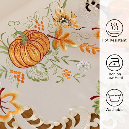 Joyfol Day Autumn Thanksgiving Table Runner 14 x 33 Inch, Cutwork Embroidered Pumpkin Maple Leaves Dresser Scarf, Seasonal Fall Table Runner for Kitchen Dining Harvest Party Decor