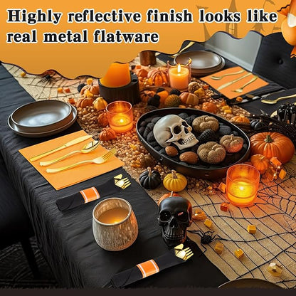 Lasnten 50 Pcs Pre-rolled Halloween Plastic Silverware Set Gold Disposable Plastic Cutlery Set with 50 Orange Black Napkins, 50 Knives, 50 Forks and 50 Spoons for Halloween Parties