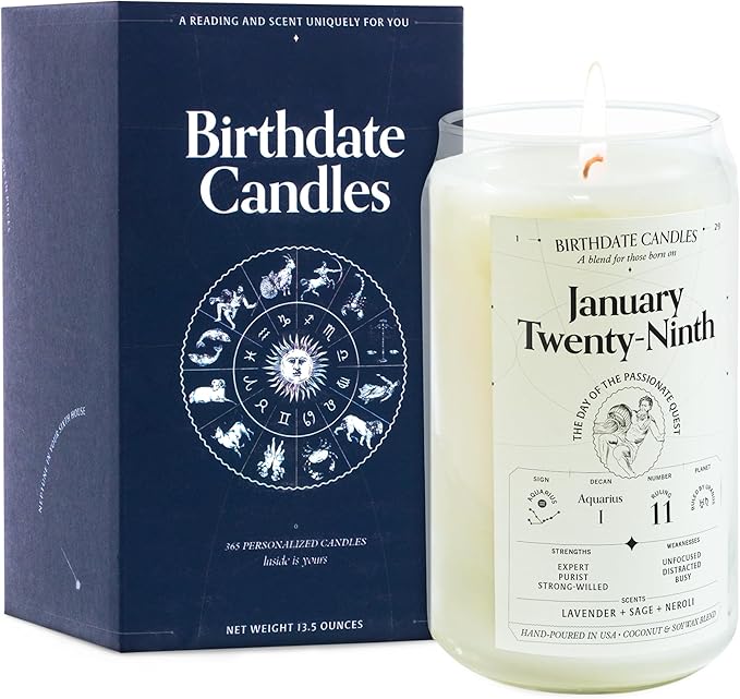 Birthdate Candles, January 29 - Aquarius Zodiac Scented Candles Birthday Gift - Lavender, Sage & Neroli Scent - All-Natural Soy & Coconut Wax, 60-80 Hour Burn Time - Made in USA