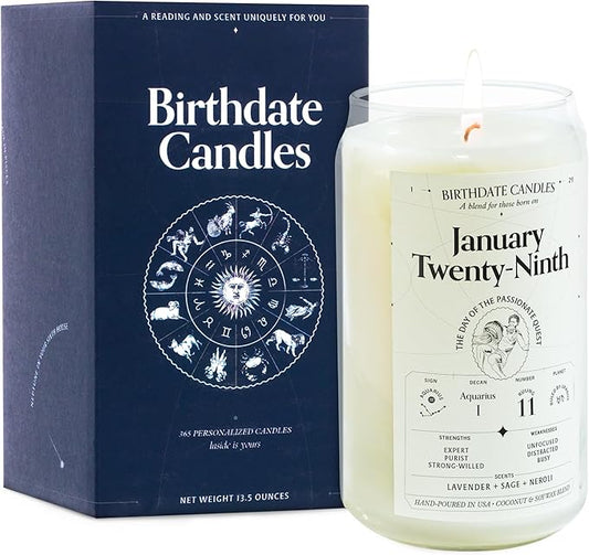 Birthdate Candles, January 29 - Aquarius Zodiac Scented Candles Birthday Gift - Lavender, Sage & Neroli Scent - All-Natural Soy & Coconut Wax, 60-80 Hour Burn Time - Made in USA