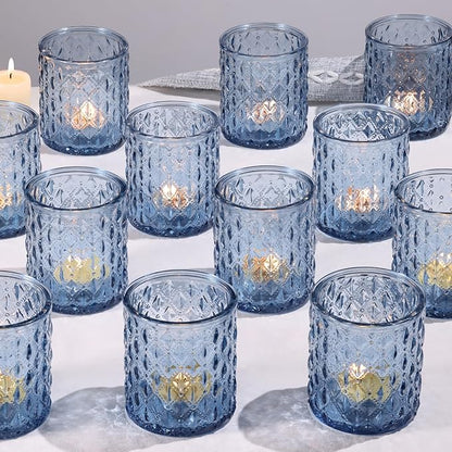 12Pcs Large Votive Candle Holders 2.8 * 3.2in Blue Tea Light Candle Holders Glass Candle Holder for Wedding, Bridal Shower, Table Centerpiece, Party, Home Decor