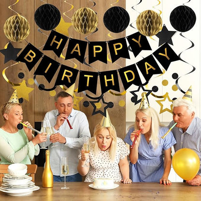 meowtastic Birthday Decorations, Happy Birthday Banner with Honeycomb Balls, Star Hanging Swirl Streamers, Circle Dot Garland, Happy Birthday Party Decorations for Women Men Boys Girls (Black & Gold)