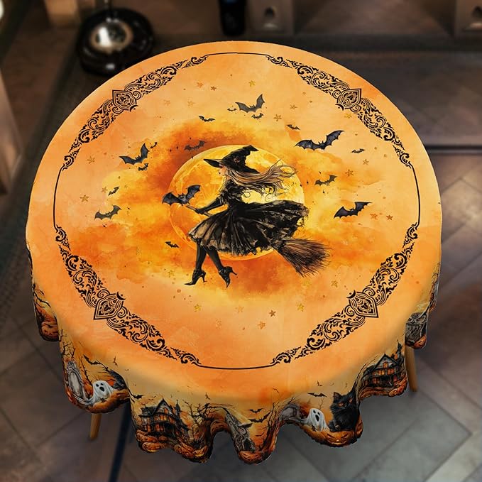 Eikione Round Tablecloth 60inch, Halloween Tablecloth Ghost Waterproof and Wrinkle-Free, Table Covers, Summer Decorations for Home Dining