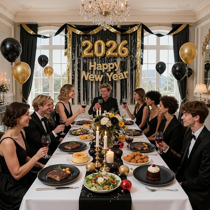 KIRE 350 PCS Plastic Dinnerware Set for 50 Guests - Black and Gold Plates 50 for Dinner 50 for Dessert & 50 Pre Rolled Napkins with Disposable Silverware 50 Cups for New Year/Banquet/Wedding