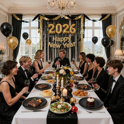 KIRE 350 PCS Plastic Dinnerware Set for 50 Guests - Black and Gold Plates 50 for Dinner 50 for Dessert & 50 Pre Rolled Napkins with Disposable Silverware 50 Cups for New Year/Banquet/Wedding