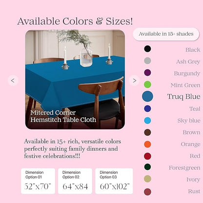 Turquoise Blue Tablecloth, Table Cover 60x102 Inch, 100% Cotton, Fits 8-10 Seats, Durable, Washable, Wrinkle Resistant, Rectangle Table Cloth for Dining, Party, Events, Outdoor Use