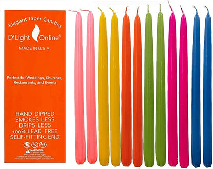 D'light Online 12" Elegant Seasonal Summer Assorted Colors Taper Candles - Vibrant Colors Unscented Candle Sticks, Hand-Dipped Tapered Candles Dripless and Smokeless - Set of 12 (12 Inch, Carnival)