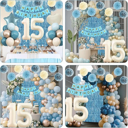 Dusty Blue 15th Birthday Party Decorations Boys Girls Beige Cream Number 15 Balloon with Blue Gold Happy Birthday Banner Fringe Curtain Paper Pom Poms Nude White Sand Champagne Star Foil Balloons