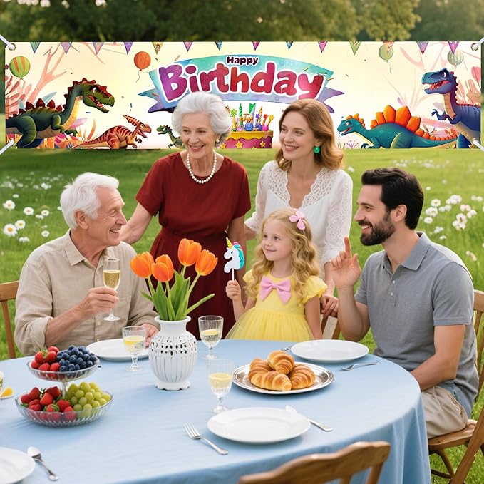 Nuxovilar Happy Birthday Banner Decorations 17.72x78.74 Inch Dinosaur Theme - Polyester for Indoor Outdoor Birthday Party Decor