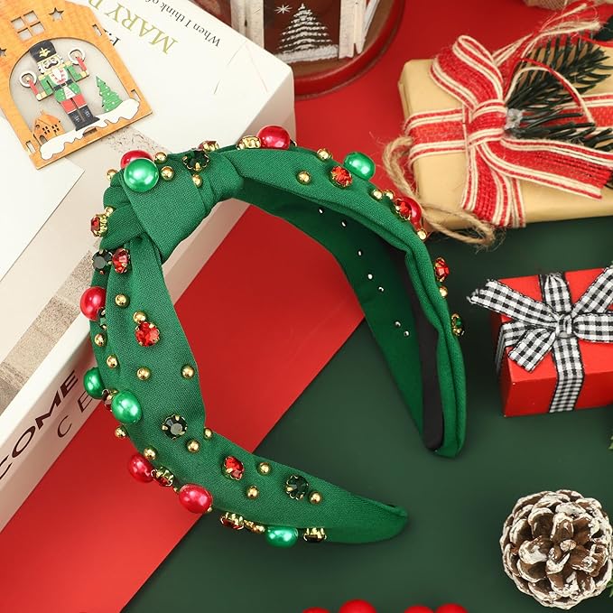 Christmas Headband for Women Xmas Bow Knotted Headbands Green Jeweled Crystal Top Knot Hairband Rhinestone Pearl Wide Head Band for Christmas Holiday Hair Accessories Costume Party Outfits Gifts