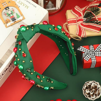 Christmas Headband for Women Xmas Bow Knotted Headbands Green Jeweled Crystal Top Knot Hairband Rhinestone Pearl Wide Head Band for Christmas Holiday Hair Accessories Costume Party Outfits Gifts