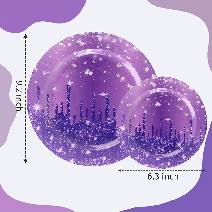 WELLIFE 20PCS Purple Glitter Plates – Diamond Plastic Dinner & Dessert Plates (10×9.2" + 10×6.3"), Reusable Purple Party Plates for Christmas, New Year’s Eve & Girls Birthday