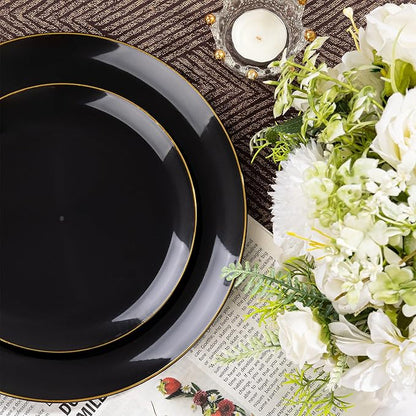 I00000 200 PCS Black and Gold Plates for 100 Guests Include: 10.25 inch 100 Dinner Plate and 7.5 inch 100 Plastic Dessert Plate, Premium Halloween Plastic Plates Perfect for Party Halloween