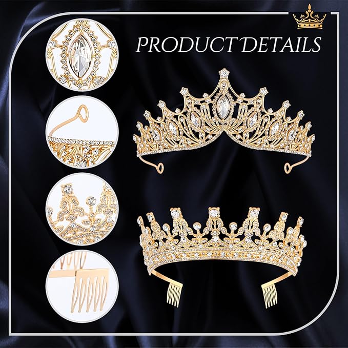 Kigeli 4 Pack Queen Crowns for Women Pageant Crown with Combs Princess Rhinestones Tiara Headband Prom Tiara for Quinceanera Birthday Cosplay Wedding(Gold)
