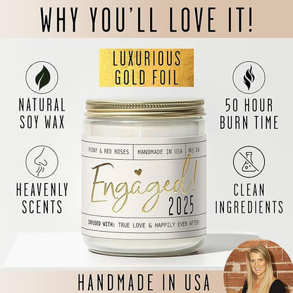 Engagement Gift, Engagement Gifts for Couples -'Engaged 2025' Candle, w/Peony & Rose Wedding Bouquet I Fiance Gifts for Women I Engaged Gift for Her I 50Hr Burn, USA Made