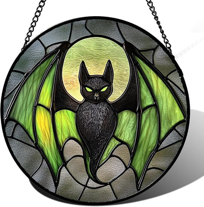 Stained Glass Window Hanging - Halloween Black Bat Green Wings Monster Suncatcher for Doors Garden Home Spooky Sun Catchers Gothic Decor Horror Gift for Women Men Friend Boy Girl 9.8 in