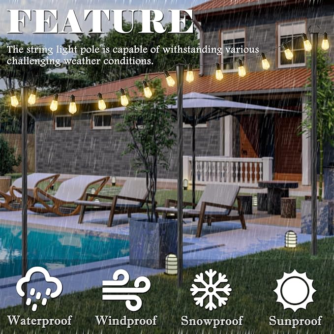 2 Pack 10Ft String Light Poles for Outside, Metal Outdoor Light Poles with 5 Prongs for Garden Patio Backyard Deck, Fence Bracket Hanging Light for Party Wedding Decor