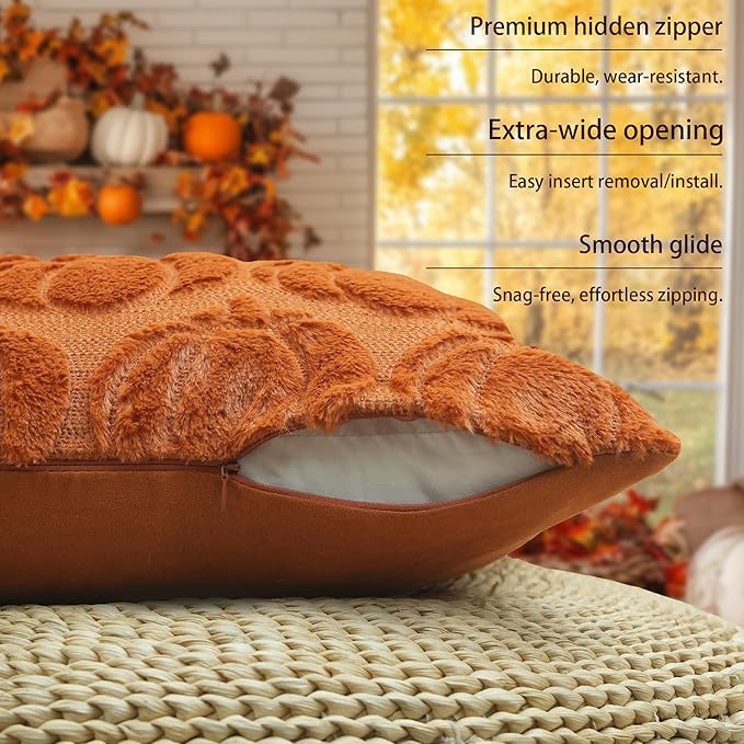 GEEORY Fall Pumpkins Soft Plush Pillow Covers, 16 x 16 Inch Set of 2, Fluffy Faux Fur Wool Decorative Farmhouse Cushion Case for Sofa Home Decoration Orange Pumpkin GC021-16