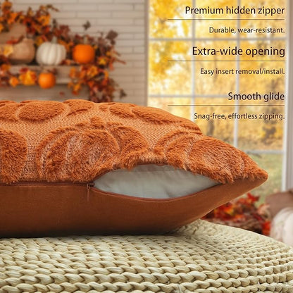 GEEORY Fall Pumpkins Soft Plush Pillow Covers, 16 x 16 Inch Set of 2, Fluffy Faux Fur Wool Decorative Farmhouse Cushion Case for Sofa Home Decoration Orange GC018-16