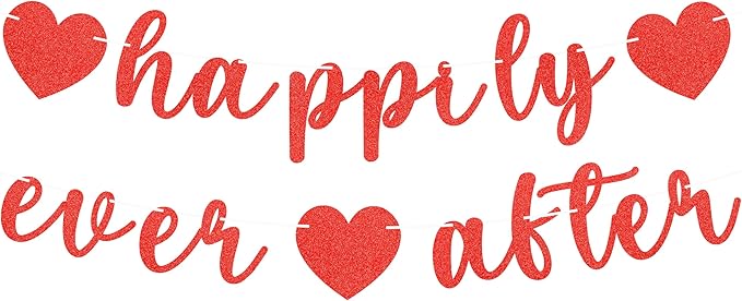 Pre-Strung Happily Ever After Banner - Red Glitter Bachelorette Bridal Engagement Party Decoration Supplies, Bachelorette Wedding Party Banner for Bridal Shower or Engagement Party Photo Booth Props