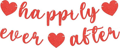 Pre-Strung Happily Ever After Banner - Red Glitter Bachelorette Bridal Engagement Party Decoration Supplies, Bachelorette Wedding Party Banner for Bridal Shower or Engagement Party Photo Booth Props