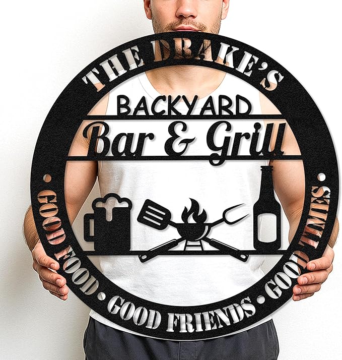 Custom BBQ Grill Metal Sign, Personalized Name Wall Decor for Outdoor Kitchen, Rustic Cut Metal Barbecue Art for Patio