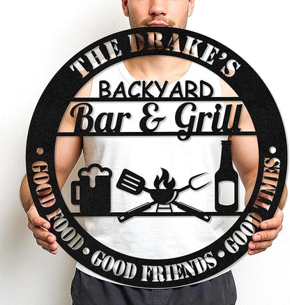 Custom BBQ Grill Metal Sign, Personalized Name Wall Decor for Outdoor Kitchen, Rustic Cut Metal Barbecue Art for Patio