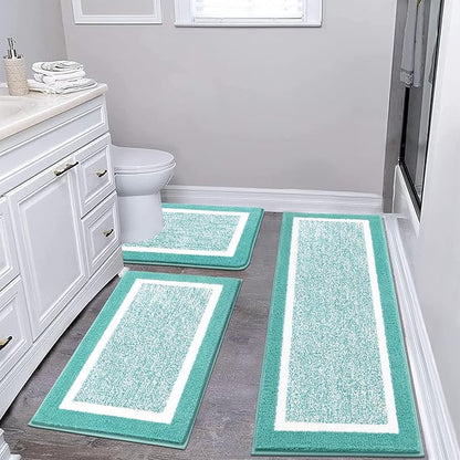 Pauwer 3-Piece Bathroom Shower Rug Set - U-Shaped Toilet Mat, Absorbent Microfiber Plush Bath Mats with Non-Slip Back, Machine Washable Shaggy Bathroom Floor Mats, Teal